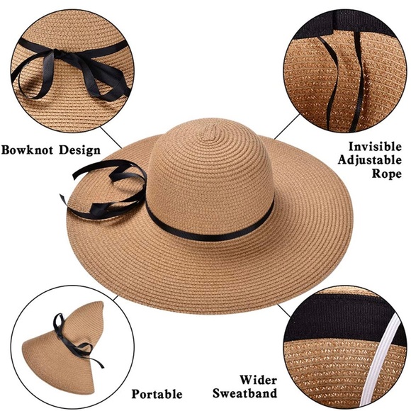Khaki Floppy Beach Straw Hat, Foldable Wide Brim with Bowknot - Picture 5 of 7